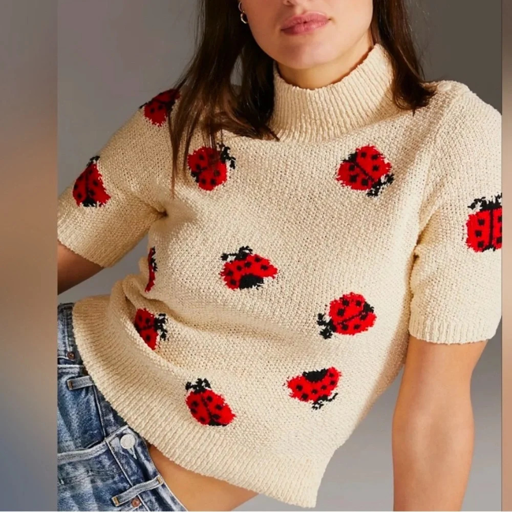 Maeve x Anthropologie - Cream and Red Ladybug Turtleneck Sweater